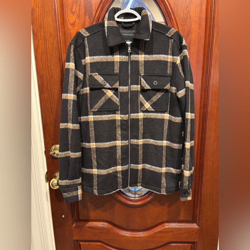 Aeropostale Black Plaid Zip-Up Shirt Jacket - Tan & Cream Accents